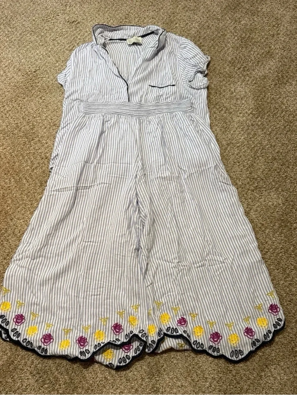 Anthropologie Blue and White Striped Embroidered Pajama Set
